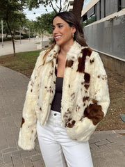Aiertu  -  Women Autumn Casual Faux Fur Lapel Crop Jacket Fashion Cow Pattern Fuzzy Long Sleeve Coat Female Chic Zipper Outerwear Aiertu