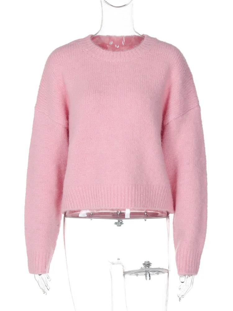 Aiertu  -  layered look inspo Knitted Round Neck Pullover Women Sweater Pink Long Sleeve Solid Casual Sweater Female Winter New Warm Loose Streetwear Aiertu