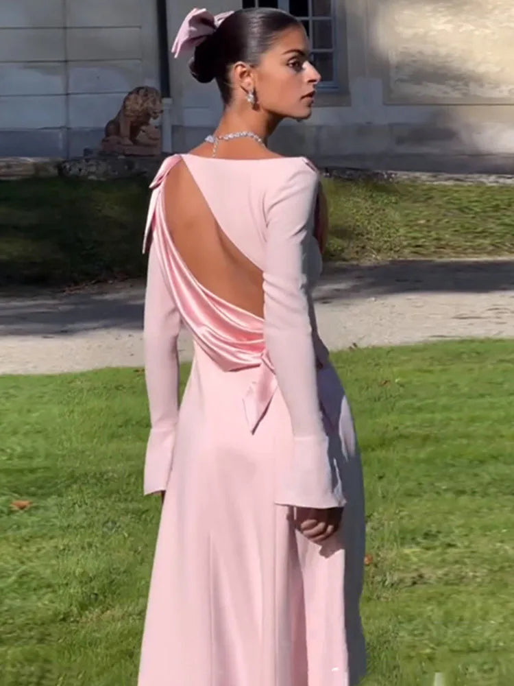 Aiertu       -  Sexy Backless Bow Long Sleeve Slim Dress For Women Stack Neck Elegant Draped Maxi Party Dresses Female Autumn New 2026 Aiertu