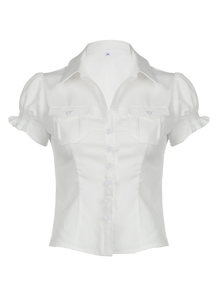 Aiertu - summer inspo Hot Single Breasted Puff Sleeve White Shirts For Women Button Turn Down Collar Pockets Simple Casual Safari Style Tops Aiertu