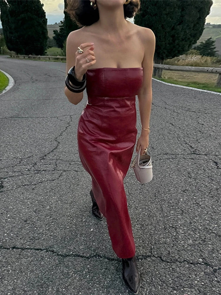 Aiertu  -  PU Leather Solid Women Dresses Sleeveless Strapless Lady Maxi Dress 2024 Slim Sexy Christmas Party Hip Package Female Vestidos Aiertu