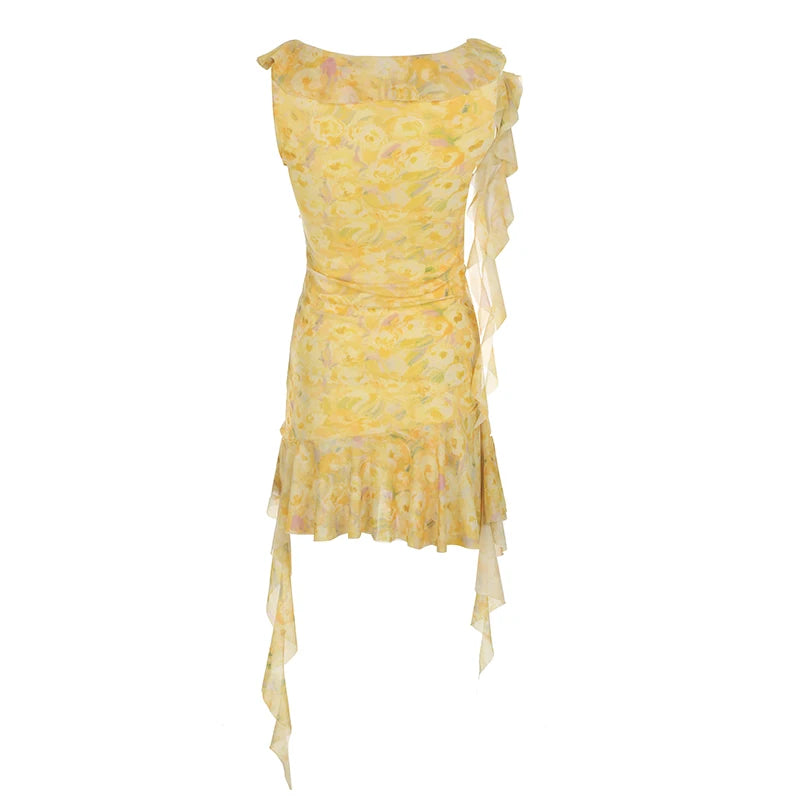 Aiertu  Holiday Style Yellow Flora Prints Women Dress Summer Fashion Design Irregular Ruffles V-Neck Short Frock Aiertu