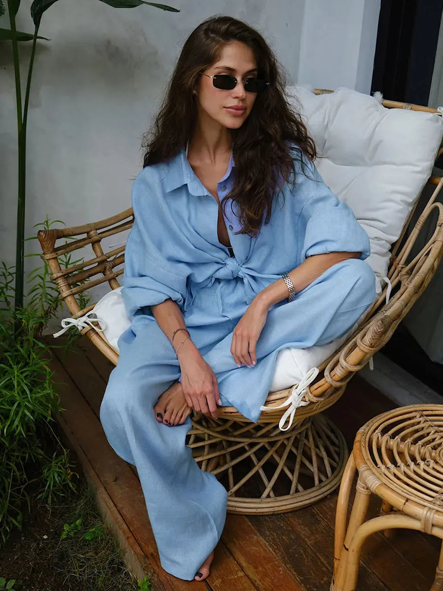 Aiertu  -  6-Colours 2pcs Casual Suit Women Clothing Loose Chic Polo Neck Long Sleeve Shirt Pants Suit Ladies Festival Outfit Aiertu