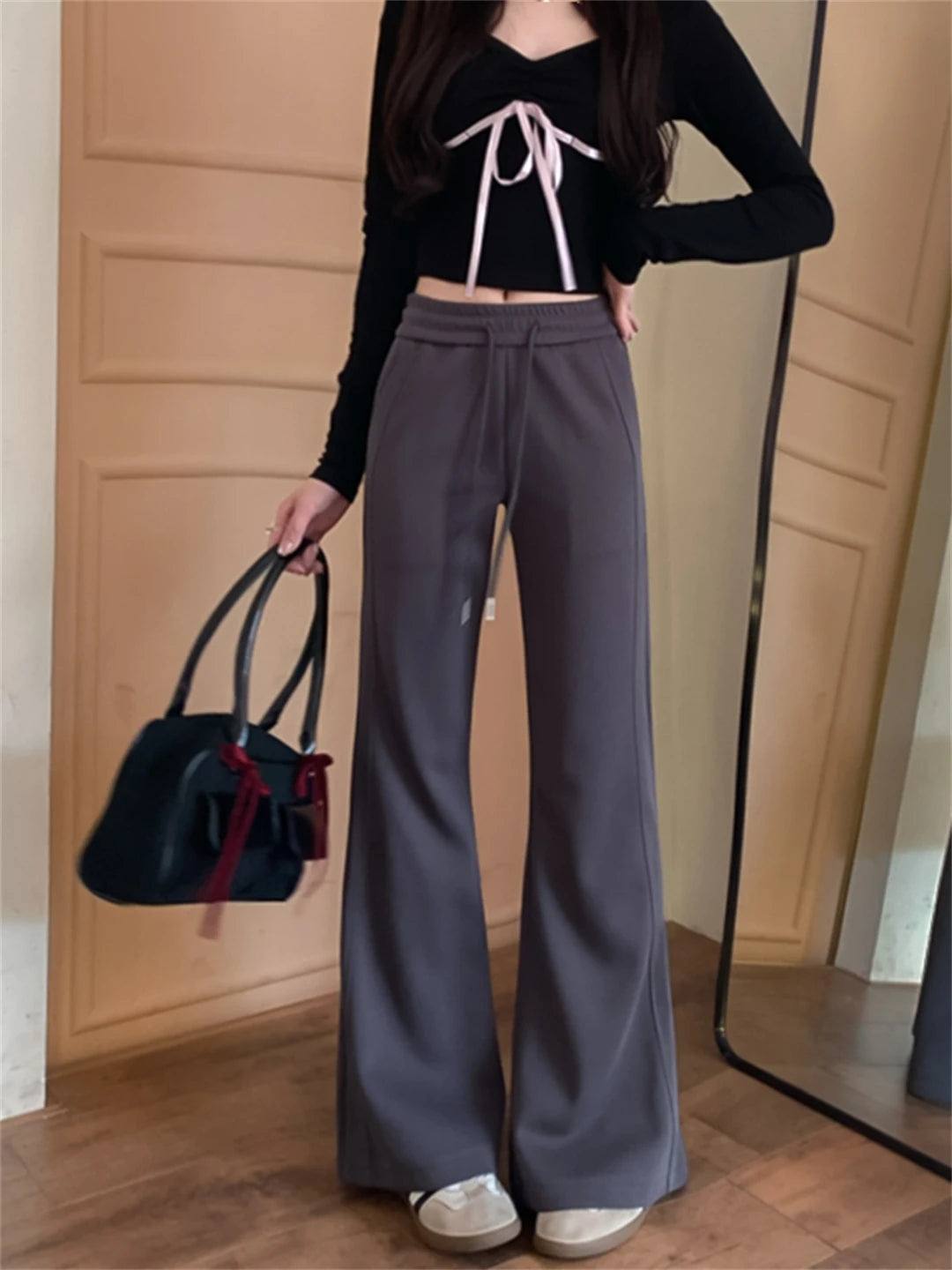 Aiertu  American Retro Casual Streetwear High Waist Wide Leg Pants Women Vintage Elegant Sexy Solid Slim Yoga Trousers Aiertu