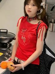 Aiertu  -  Summer Diamond Printing Streetwear Tank Top Women Y2k Aesthetic Sleeveless Harajuku Bandage Tanks Red Sexy Casual Grunge Tees Aiertu