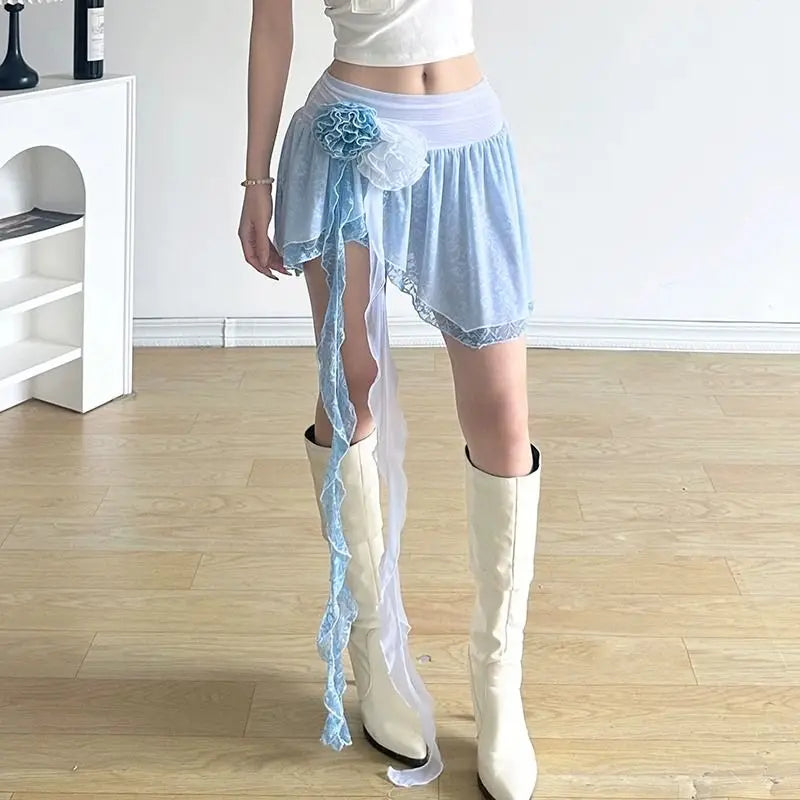 Aiertu outfit ideas French Elegant Sweet Rose Ribbon Gauze Skirt Female Short Double-layer Asymmetric Y2k Hotsweet Girls Spice Pleated Mini Skirts Aiertu