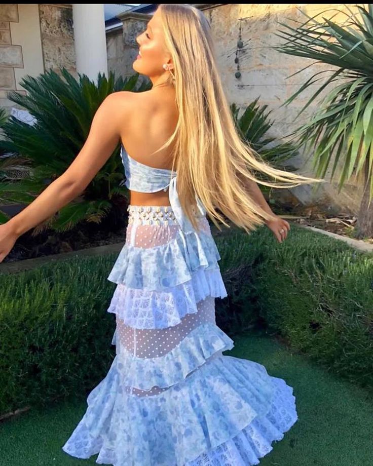 Aiertu  Blue floral lace ruffle long two piece suit evening gown party dress gh3011 shopify