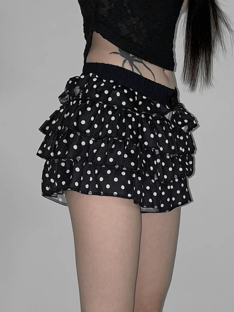 Aiertu  -  Ballet Core Polka Dot Cake Shorts for Girls Gyaru Japanese 2000s Y2k Summer Elastic Waist Ruffle Black Shorts P84-DZ15 Aiertu