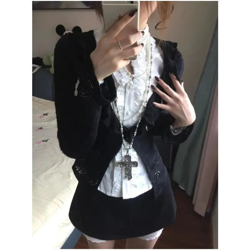Aiertu  -  French Sweet Cool Harajuku Popular 3 Piece Sets Y2k Exquisite Draped White Blouse Black Cardigan Japan Punk Streetwear Skirts Aiertu