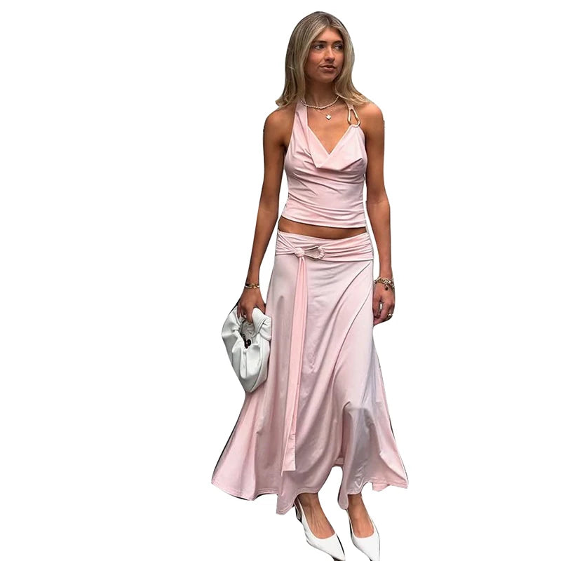 Aiertu  -  Folds Temperament 2-Piece Set Women Metal Rings Low-Neck Backless Sleeveless Tops+Streamers Long Skirts Matching Suits Aiertu