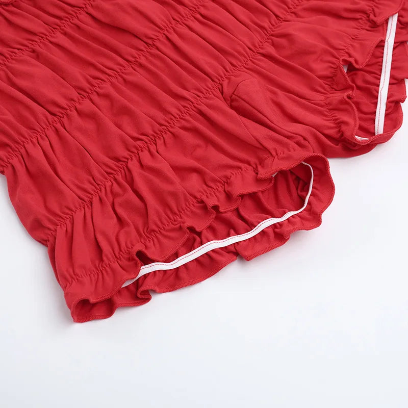 Aiertu  -  2 Piece Sets Woman Outfit Sexy Fringed Ruched Mesh Top and Shorts Solid Matching Sets Summer Wear 2025 P66-FZ18 Aiertu