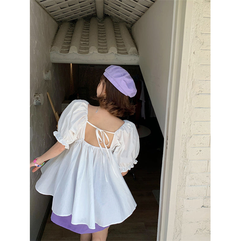 Aiertu Sweet Shirts Women Slash Neck Bandage Puff Sleeve Blouses Summer Korean Cute Off Shoulder Square Collar Loose Casual Tops Aiertu