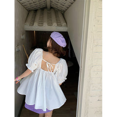 Aiertu Sweet Shirts Women Slash Neck Bandage Puff Sleeve Blouses Summer Korean Cute Off Shoulder Square Collar Loose Casual Tops Aiertu