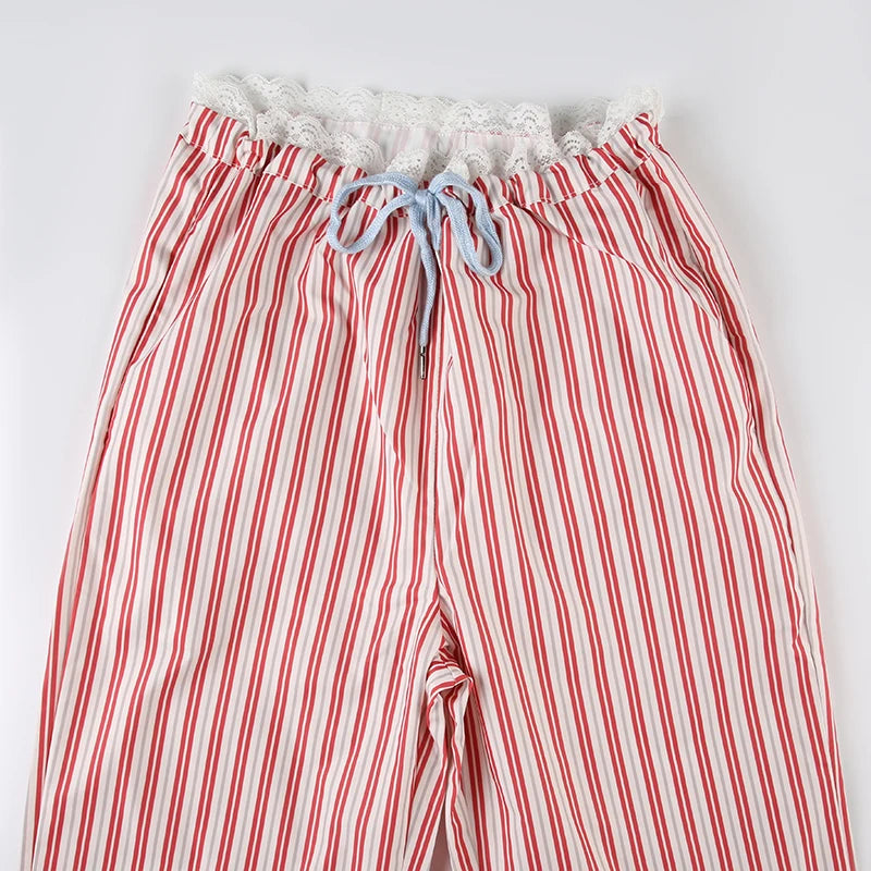 Aiertu  -  Sweet Stripe Lace Patchwork Women Pants Low Waist Drawstring Harajuku Korean Trousers Straight Leg Bottoms Basic New Aiertu