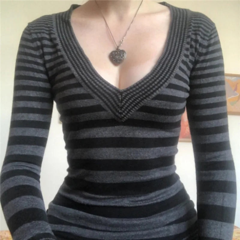 Aiertu  -  Autumn All Match American Office Lady V Neck Sweaters Y2k Aesthetic Slim Fit Harajuku Vintage Pullover Popular Striped Clothing Aiertu