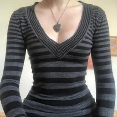 Aiertu  -  Autumn All Match American Office Lady V Neck Sweaters Y2k Aesthetic Slim Fit Harajuku Vintage Pullover Popular Striped Clothing Aiertu
