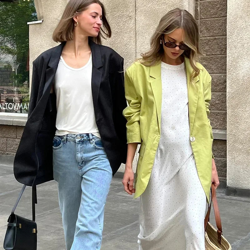 Aiertu  -  Loose Solid Blazer Coats Women Casual Lapel Long Sleeve Single Button Pockets Jacket 2026 Autumn New Office Lady Tops Streetwear Aiertu