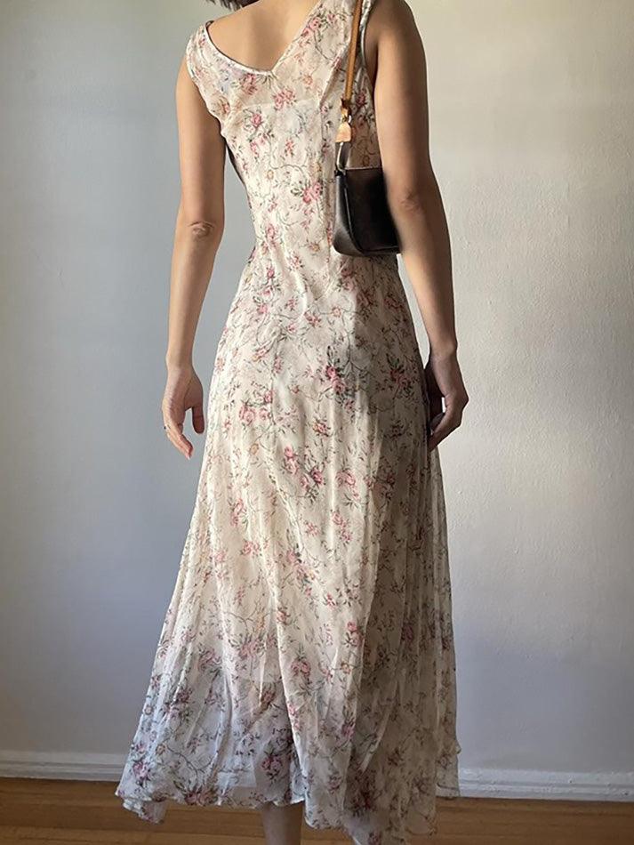 Aiertu  -Floral Print Asymmetrical Lace Trim Maxi Dress aiertu