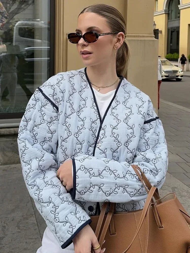 Aiertu  -  Elegant Blue Floral Printed V-neck Quilted Coats Women Fashion Cropped Buttons Oversized Jackets 2026 Autumn Lady Warm Outerwear Aiertu
