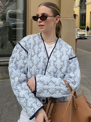 Aiertu  -  Elegant Blue Floral Printed V-neck Quilted Coats Women Fashion Cropped Buttons Oversized Jackets 2026 Autumn Lady Warm Outerwear Aiertu