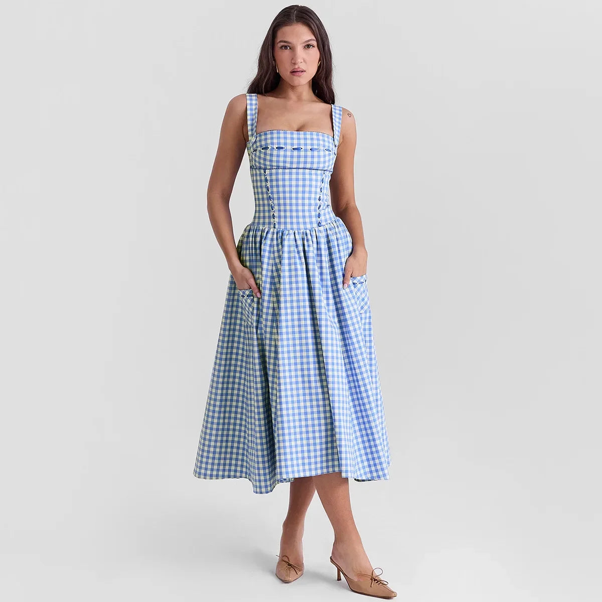 Aiertu  -  Elegant and Beautiful Women Dresses 2026 Summer Spaghetti Strap Long Plaid Dress with Pocket Female Vacation Dress Aiertu