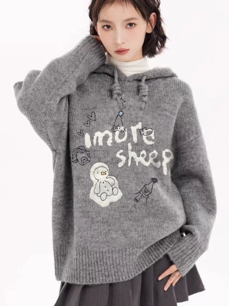 Aiertu  -   Korean Style Streetwear Oversize Sweaters Women Autumn Winter Cartoon Knitted Hoodies Y2k Loose Casual Pullover Hooded Aiertu