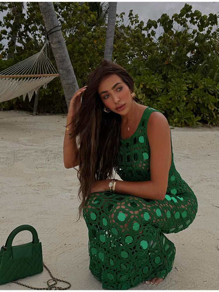 Aiertu  -  Chic Sequin Hollow Out Knitted Maxi Dress Sexy Backless Sleeveless Halter Robes 2025 New Lady Summer Party Vacation Dresses Y2k Aiertu
