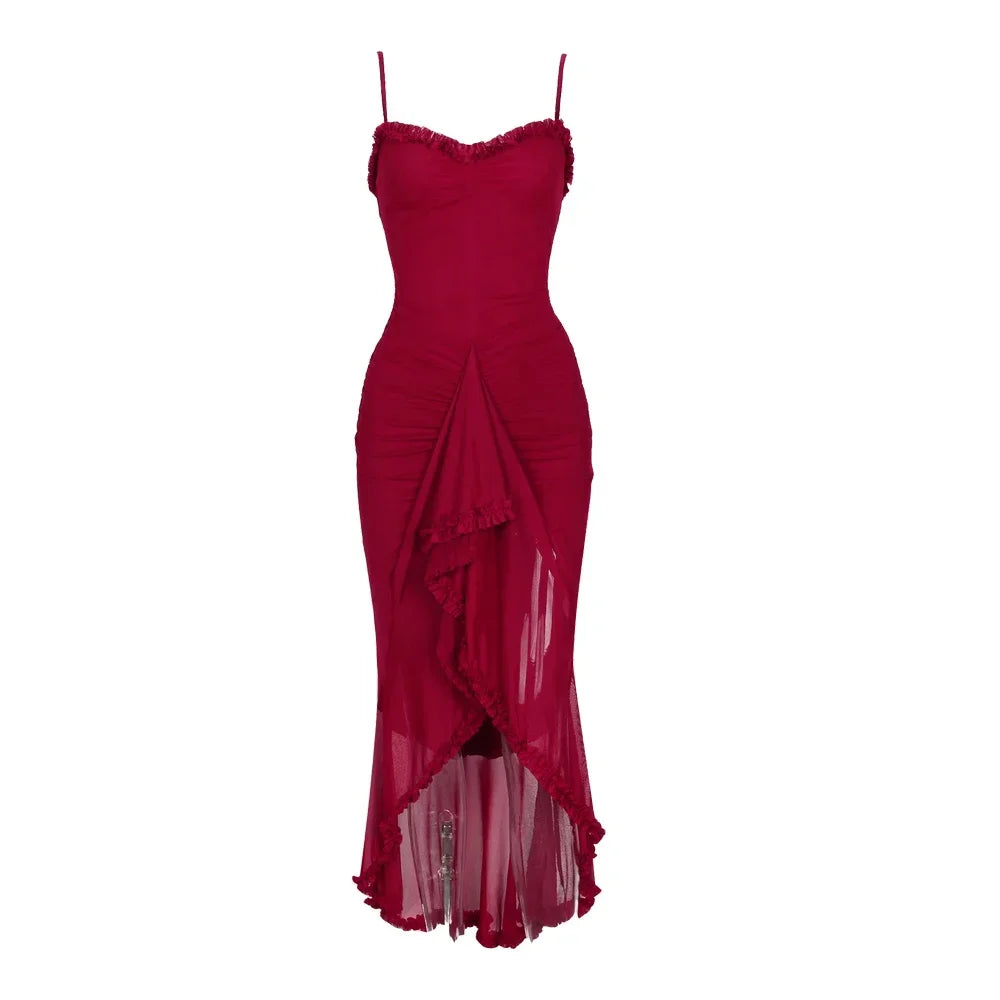 Aiertu  Irregular Mesh Party Dresses New Arrivals Spaghetti Strap Bodycon Dress Fashion Ruched Long Dress Women Aiertu