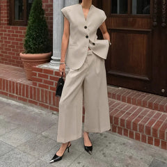 Aiertu  -  Khaki Suit Vest 2 Piece Set Spring V Neck Sleeveless Waistcoat+High Waist Pants Sets Elegant Fashion Casual Women's Suits New Aiertu