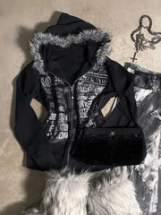 Aiertu  -  Y2k Gothic Black Printed  Fur Collar Slim Fit Sweatshirts High Street Personality Dressing Up Jacket for Women Oversized Clothes Aiertu