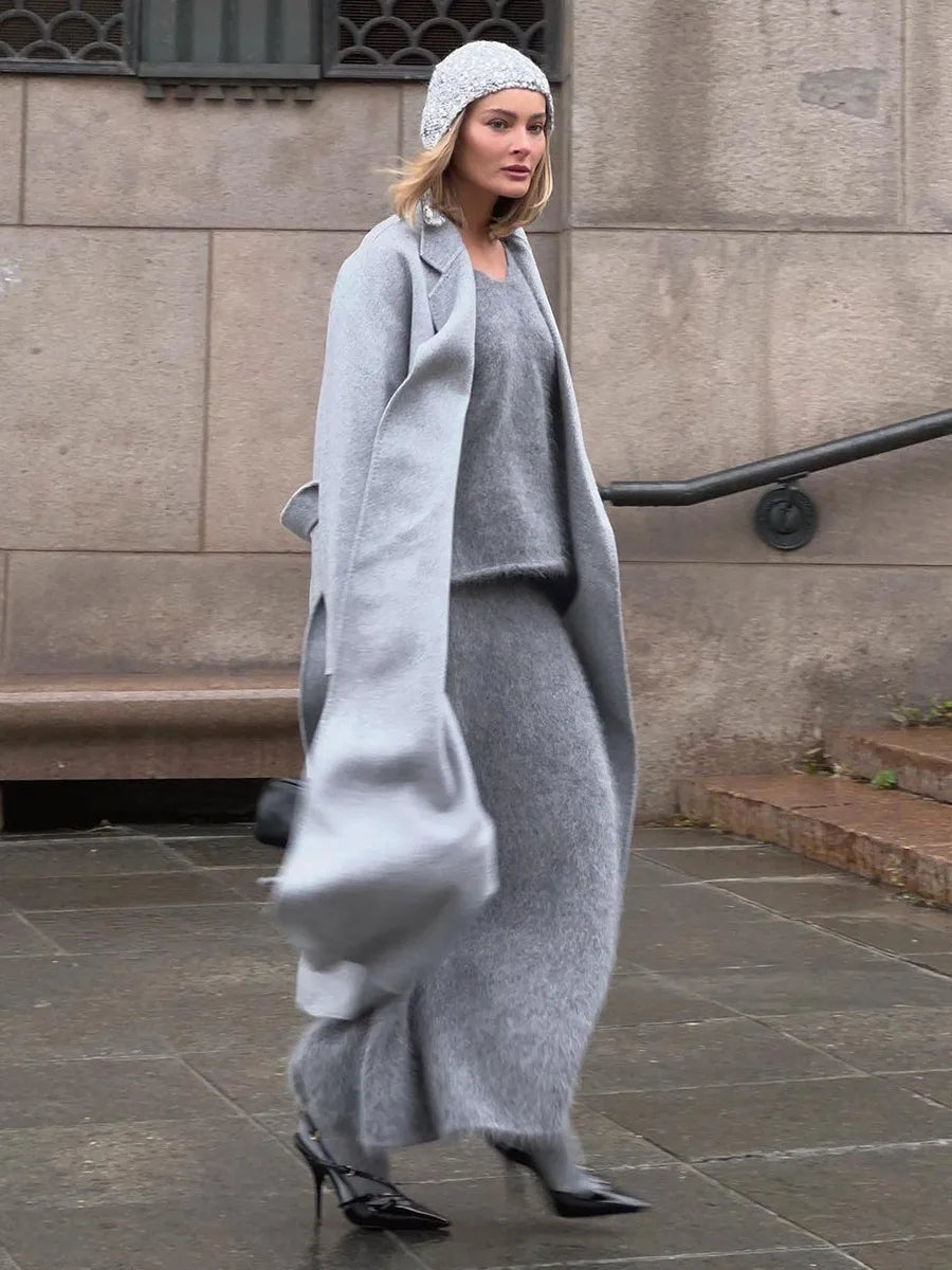 Aiertu  -  Solid Knitted Skirt 2 Piece Set Women Autumn Winter V Neck Long Sleeve Pullover Sweater+Long Skirts Elegant Fashion Vintage Sets Aiertu