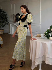 Aiertu  -  Elegant Doll Collar Puff Sleeve Long Dress Woman Sweet Floral Print Split Skirt With Lace Up Belt Fashion Party Commute Dresses Aiertu