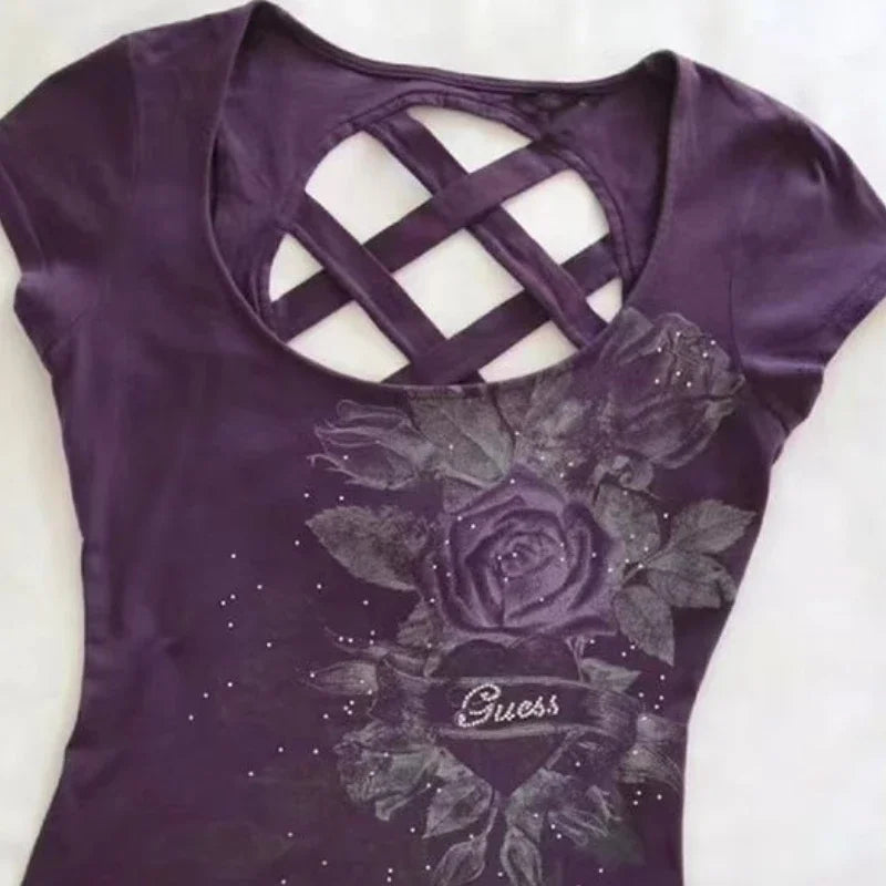Aiertu  -  Retro Gothic new printed purple back hollow women T-shirt Y2k slim fit and slim summer fashion design short top Aiertu