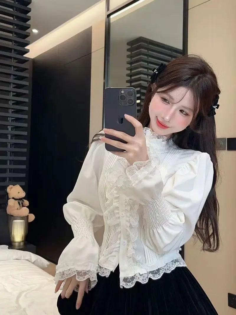 Aiertu Horn Bubble Sleeve Shirt Women's Half High Collar Top Lace Bottom Shirt Aiertu