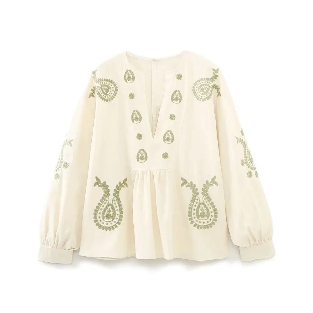 Aiertu  -  Paisley Flower Embroidery Autumn Blouse Women Loose Casual Cotton Linen Blusa Mujer Blusas Para Mujer Women Clothing Aiertu