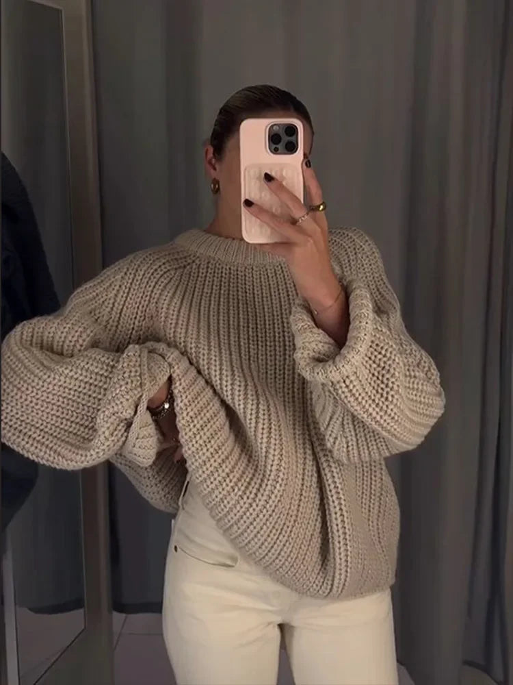 Aiertu  -  Oversized Round Neck Sweater Pullover Women Casual Long Sleeves Knitted Pullover 2026 Autumn New High Street Versatile Knitwear Aiertu