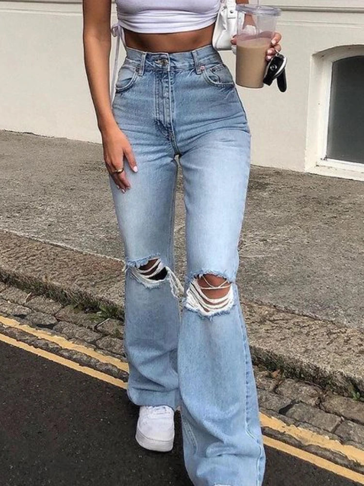 Aiertu  -  Blue Ripped Jeans for Women 2026 High Waisted Elastic Vintage Streetwear y2k Wide Leg Jean Pants Flared Korean Style Aiertu