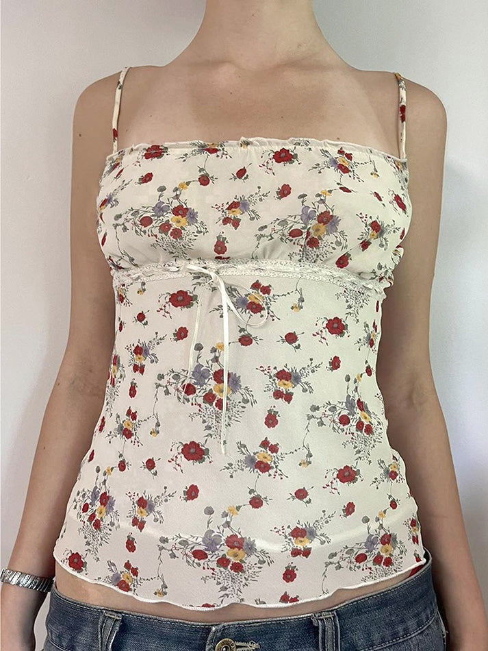 Aiertu  -Floral Ruched Mesh Cami Top aiertu