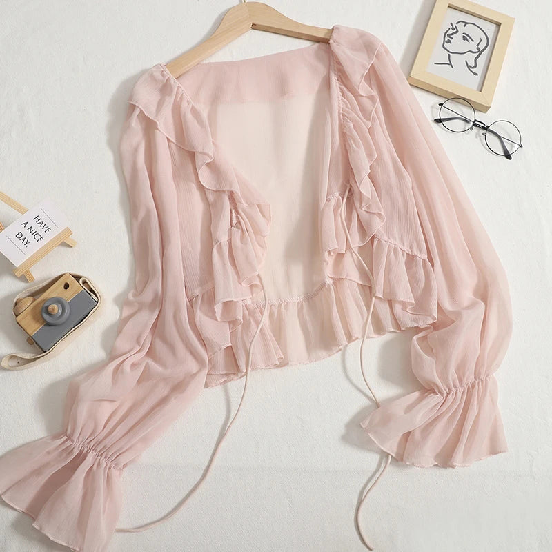 Aiertu Ruffles Chiffon Sun Protection Shirt Women Solid Lace Up Flare Sleeve Sunscreen Blouses Cardigan Loose Casual Thin Tops Aiertu
