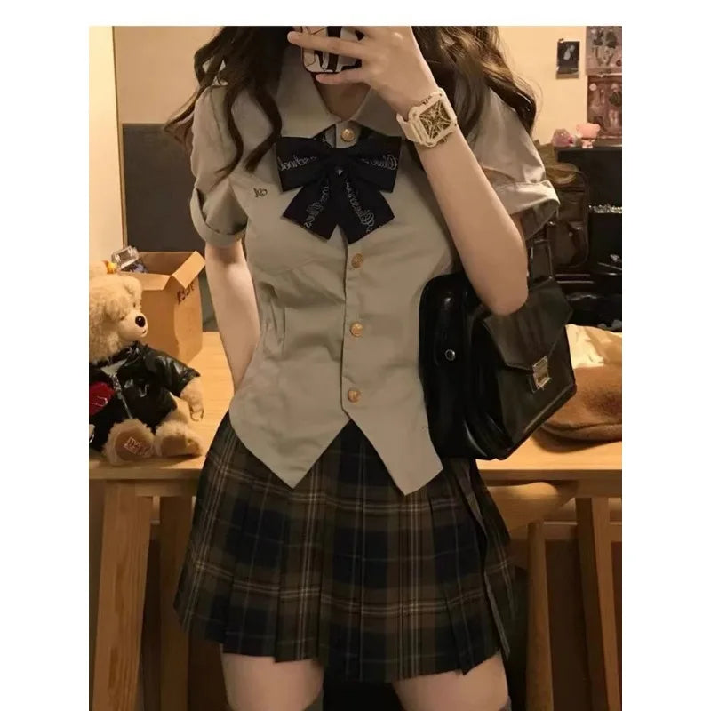 Aiertu Summer Japanese Fashion Lapel Bow Short Top Plaid Pleated Skirt Jk Suit 2pcs Women Korean Girls School Uniform Plus Size XL Aiertu