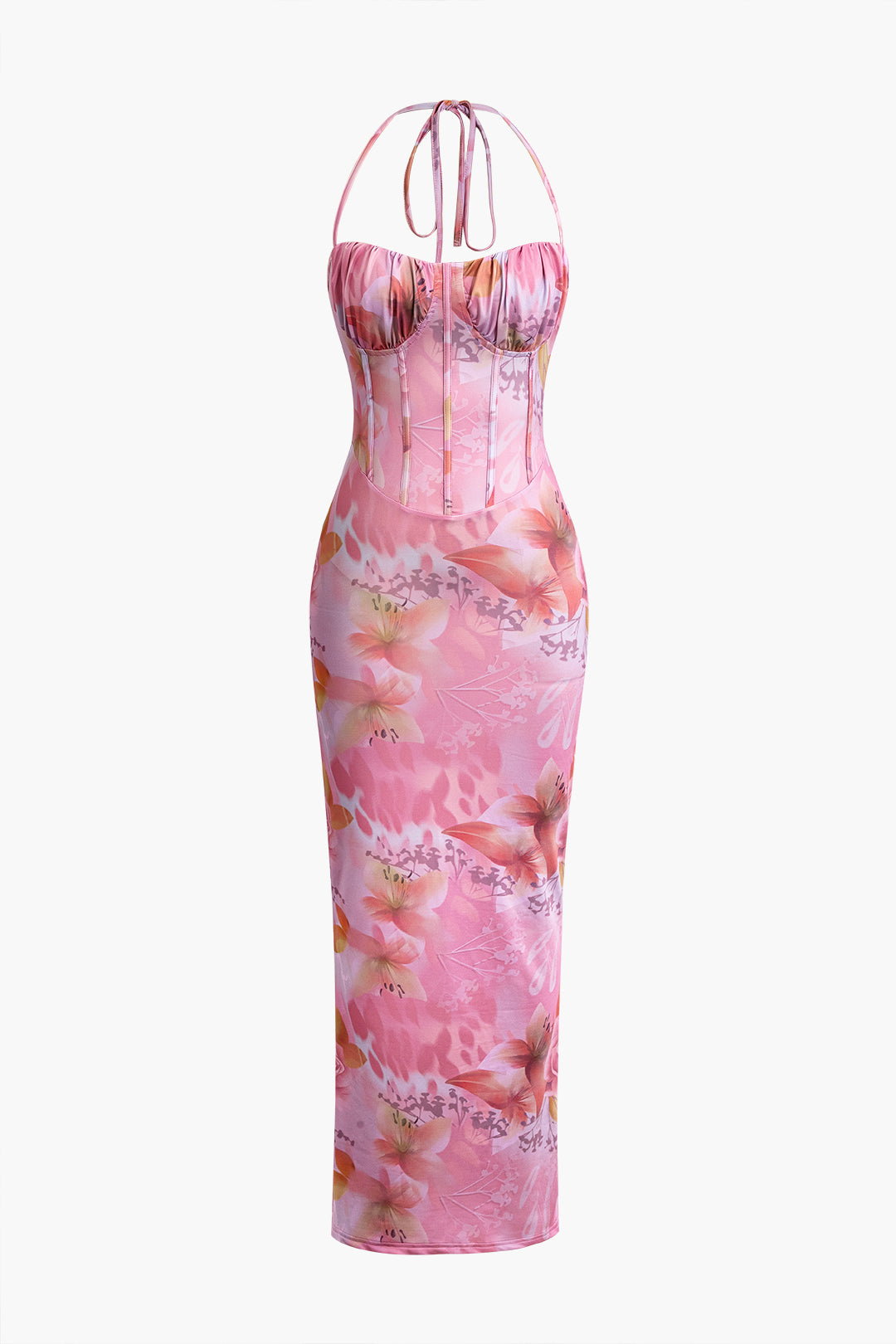 Aiertu  Floral Print Halter Slit Corset Midi Dress Aiertu
