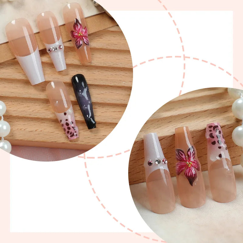 Aiertu  -  24PCS Purple Blush Coffin False Nails 3D Flower French Wearable Press on Gel Nails Fashionable Acrylic Fake Nail Tips for Women Aiertu