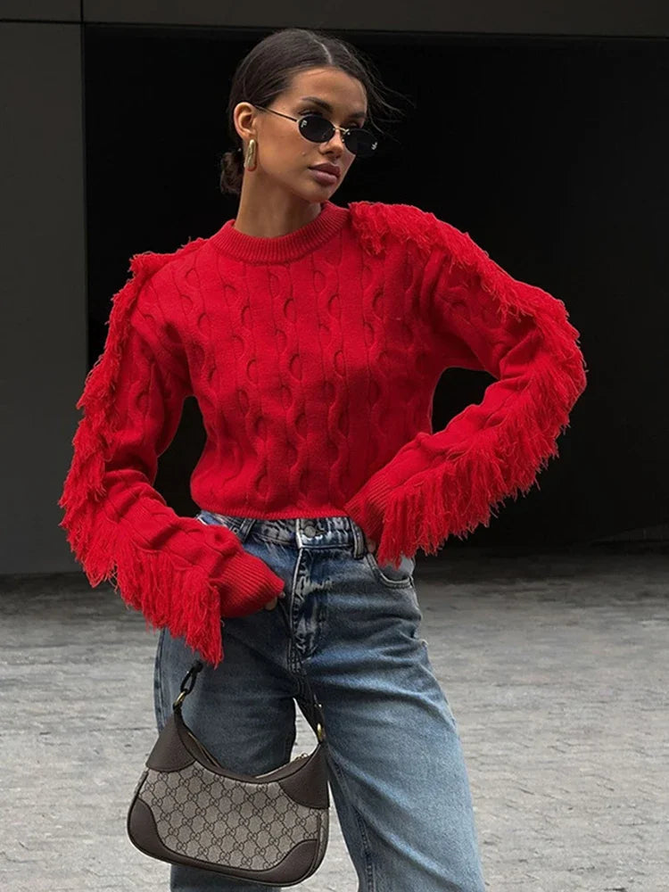 Aiertu  -  Splice Tassel Short Knitted Top Female Solid Slim Fit Long Sleeves Fashion Pullover Sweater Women's Autumn Winter Casual Aiertu