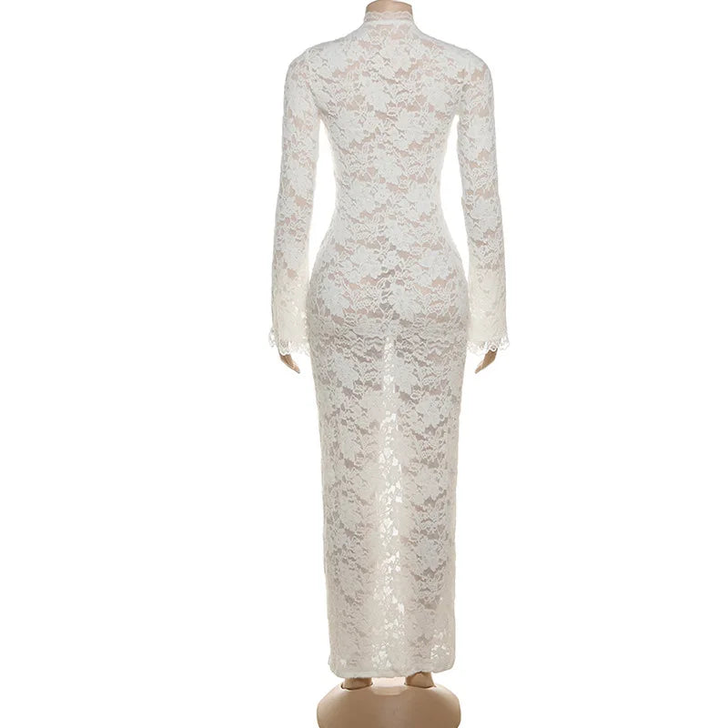 Aiertu  -  Lace Deep V-Neck Embroidery Ruffles Dress Women Sexy Slits See Through Solid Tassel Petal Cuffs Street Elegance Vestidos Aiertu