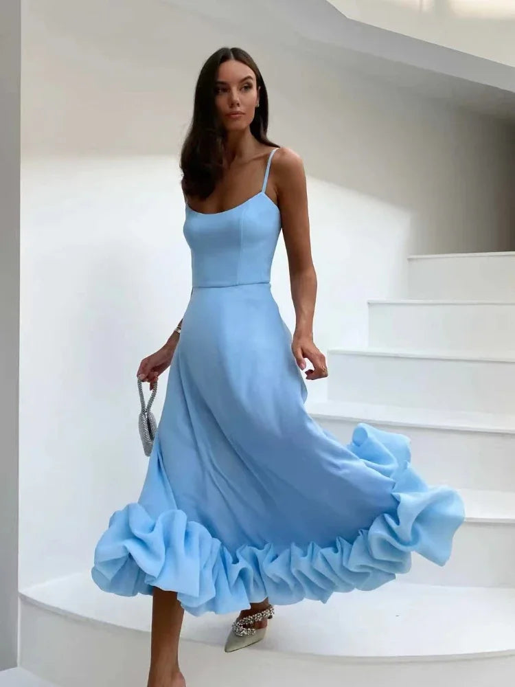 Aiertu  -  Elegant Party Evening Maxi Dresses for Women Spaghetti Strap Backless Sexy Long Summer Dress Ruffles Aline Dress Aiertu