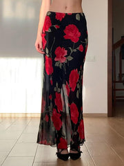 Aiertu  -Vintage Floral Print Mesh Layered High-Waist Skirt aiertu