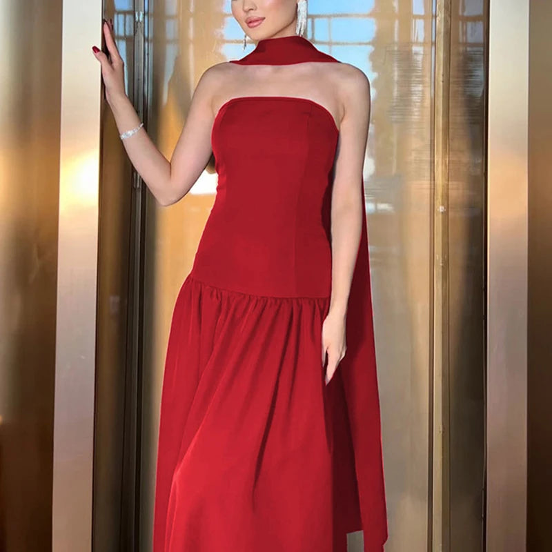 Aiertu  -  Sexy Strapless Ribbon Dress Women's Back Lace Up Spliced Long Evening Party Dress Slim Solid High Waist Elegant Clothes Aiertu