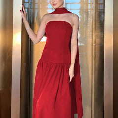 Aiertu  -  Sexy Strapless Ribbon Dress Women's Back Lace Up Spliced Long Evening Party Dress Slim Solid High Waist Elegant Clothes Aiertu