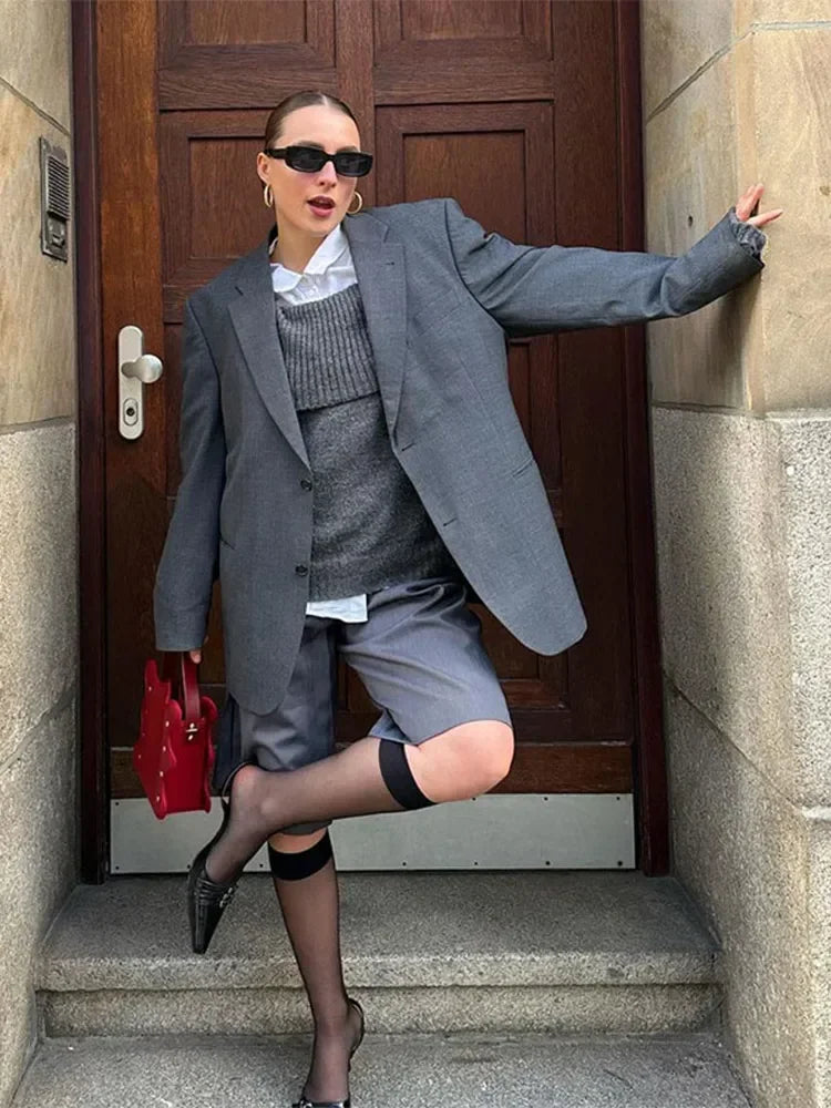 Aiertu  -  Fashion Gray Lapel Blazer Coat Women's Oversized Long Sleeves Pocket Loose Suit Jacket New Casual Office Lady Wool Outerwear Aiertu