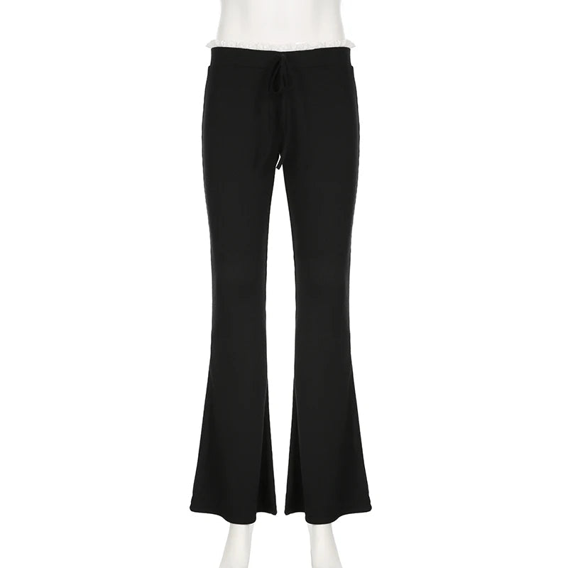 Aiertu  -  Black Knit Flared Leggings Women Kawaii Ruched Patchwork Low Rise Skinny Casual Pants for Summer Streetwear y2k Trousers Aiertu